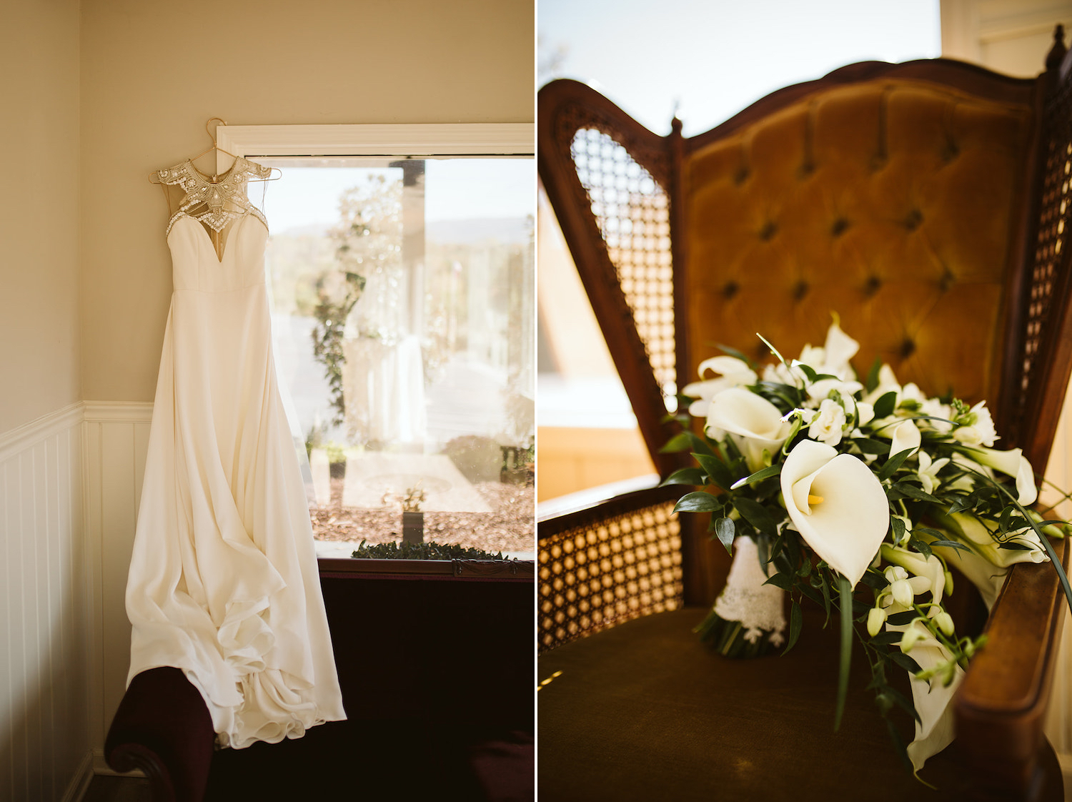 wedding gown hangs from window sill and bride's bouquet sits on a vintage wingback chair