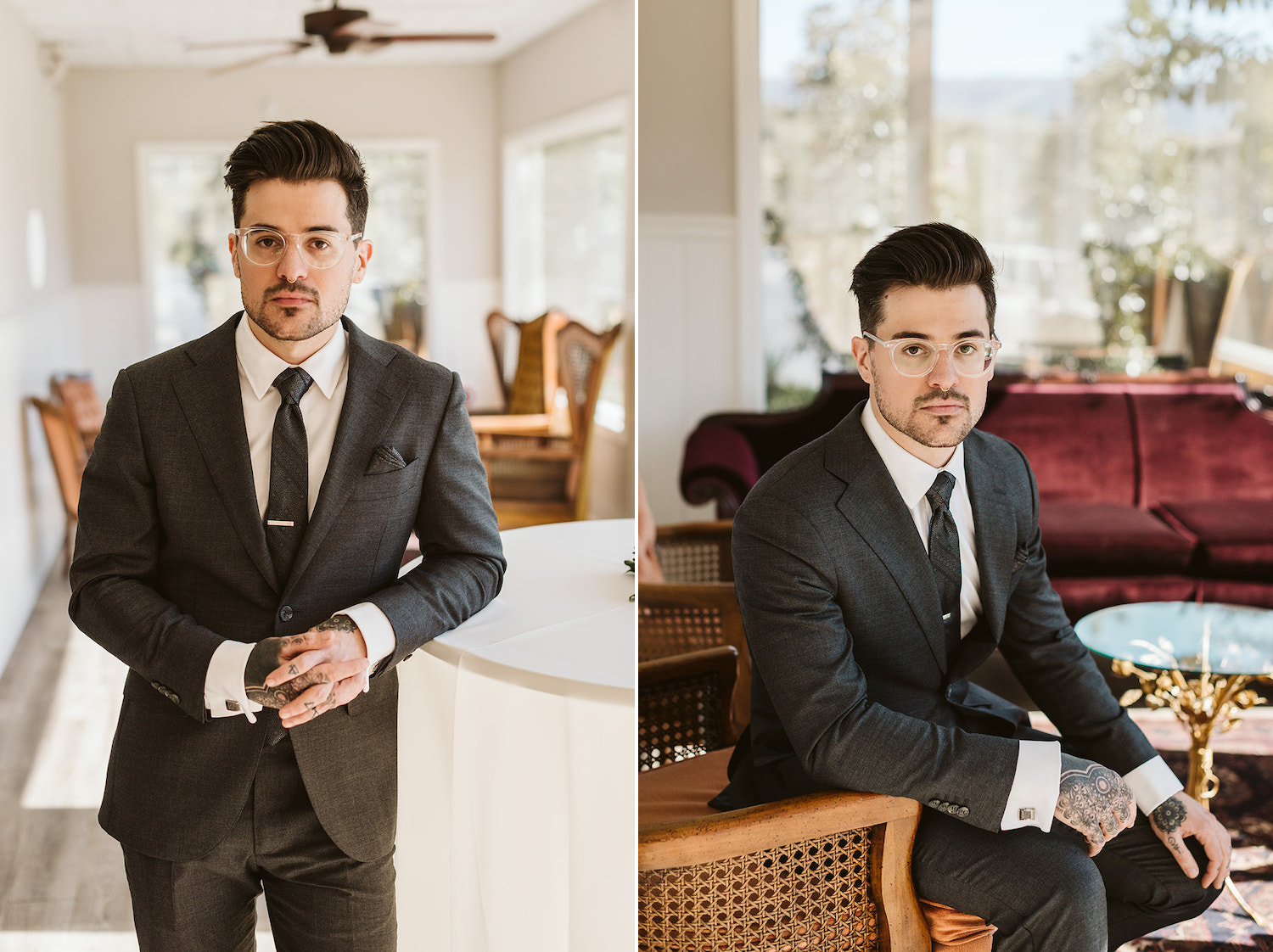 groom with clear glasses and tattoo covered hands wears dark suit and tie