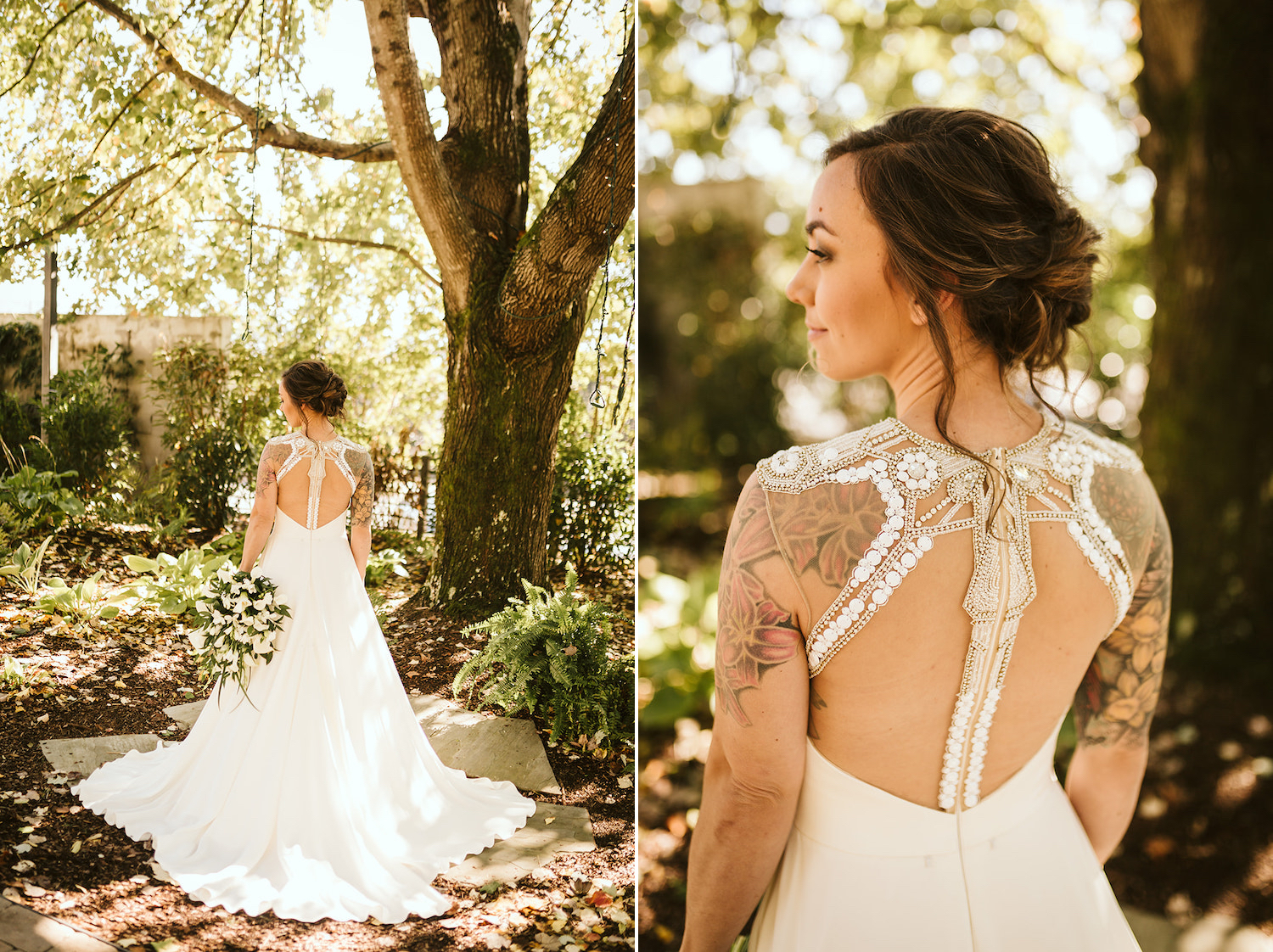 bride stands in her jeweled gown beneath a large tree