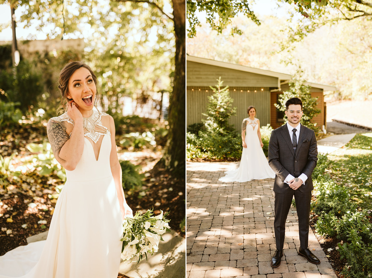 bride stands behind groom on a stone path in anticipation of their first look