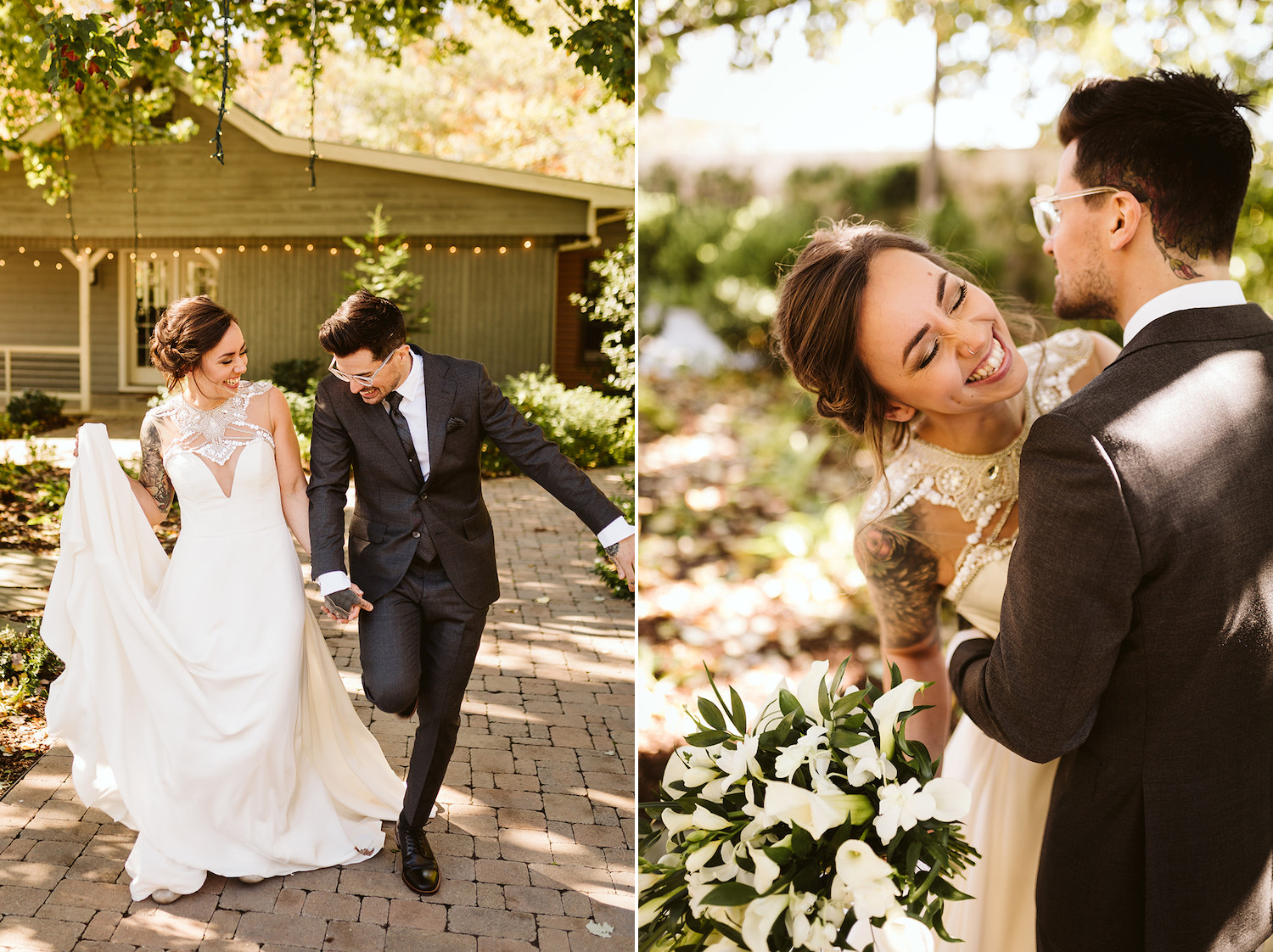 bride laughs while holding hands with groom under large tree