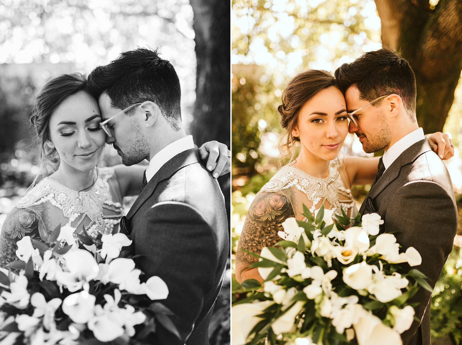 groom holds bride with his face on her temple. her arm is over his shoulder and she holds her large bouquet of white flowers