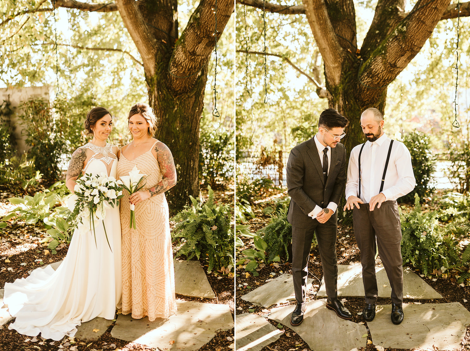 bride and bridesmaid make silly faces while groom pretends to look down groomsman's pants