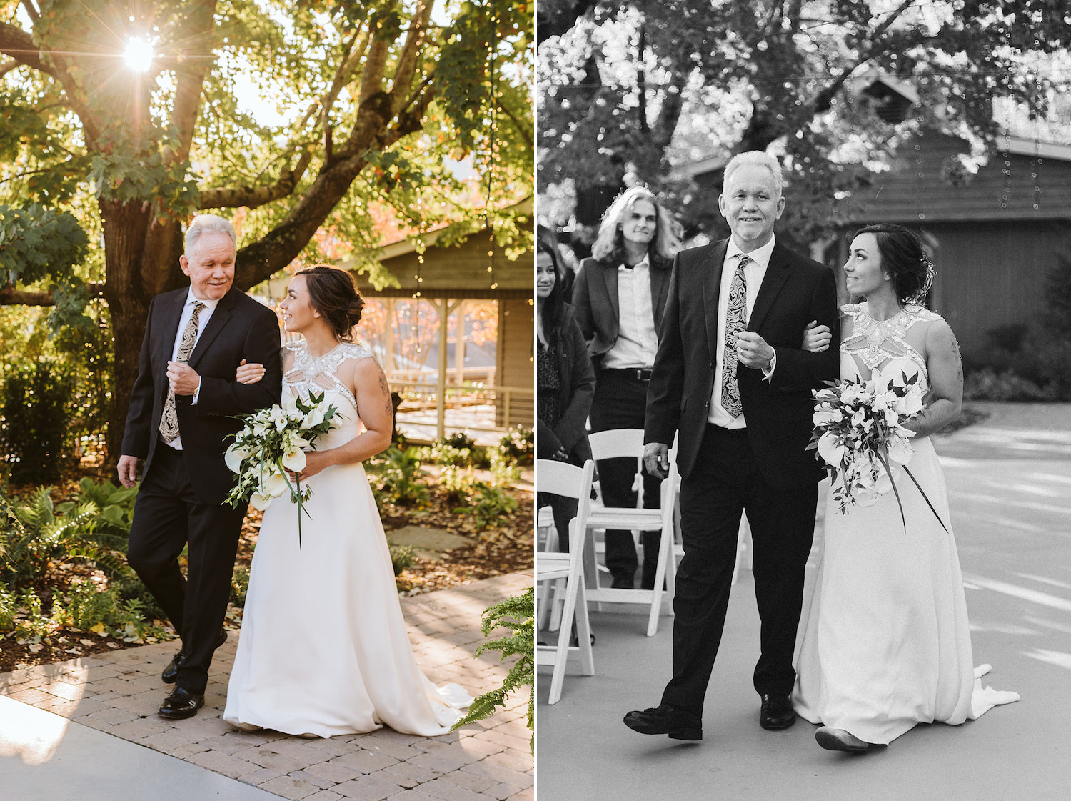 bride looks at her father as he walks her down a stone paver path under a large tree