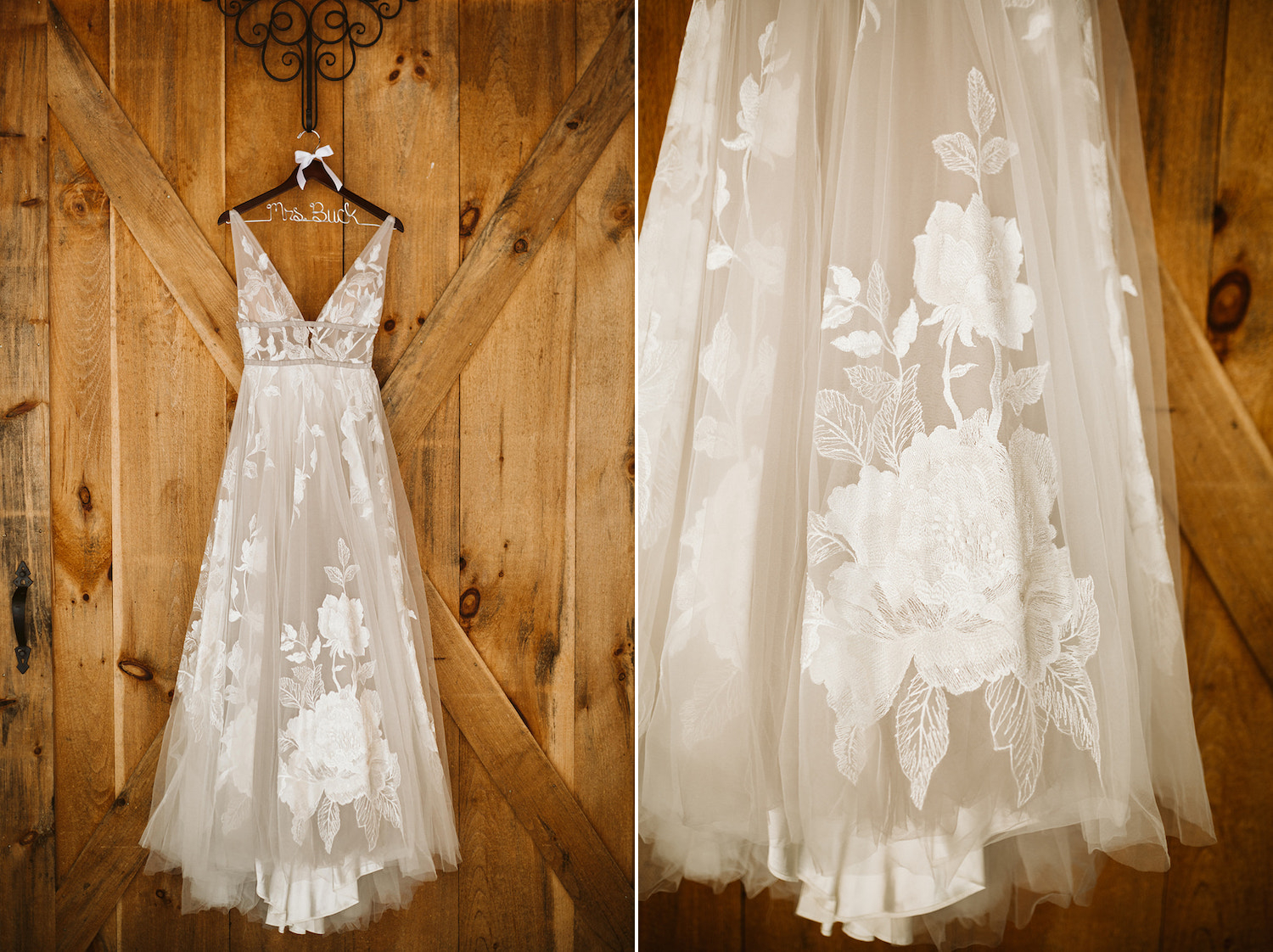 floral details on white tulle wedding dress hanging from custom hanger against wooden barn door