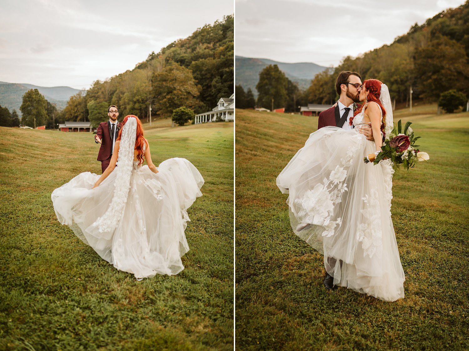 bride runs toward groom and he holds her in his arms as they kiss at their Roan Mountain wedding in Cherokee National Forest