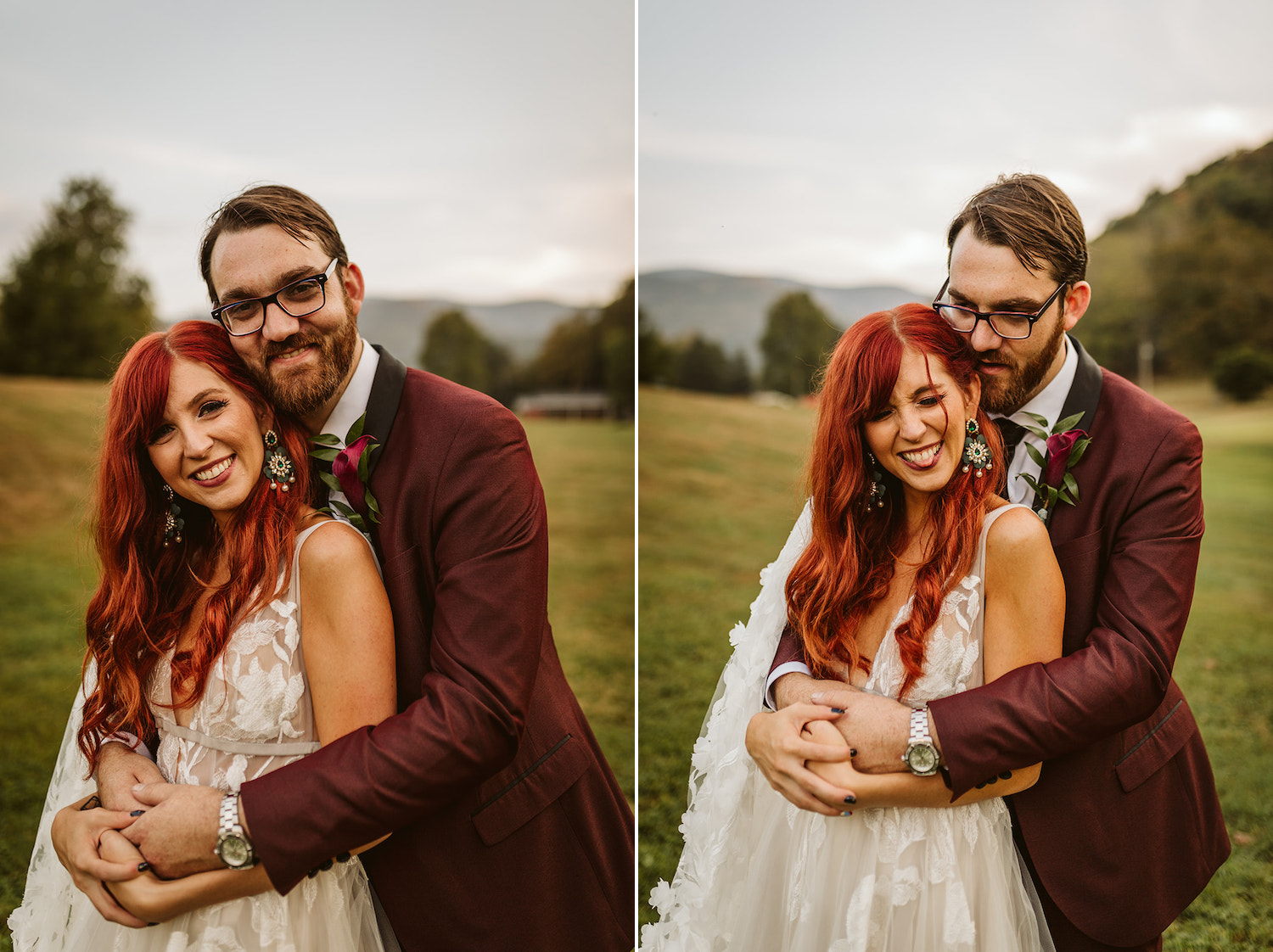 groom hugs bride from behind as she smiles