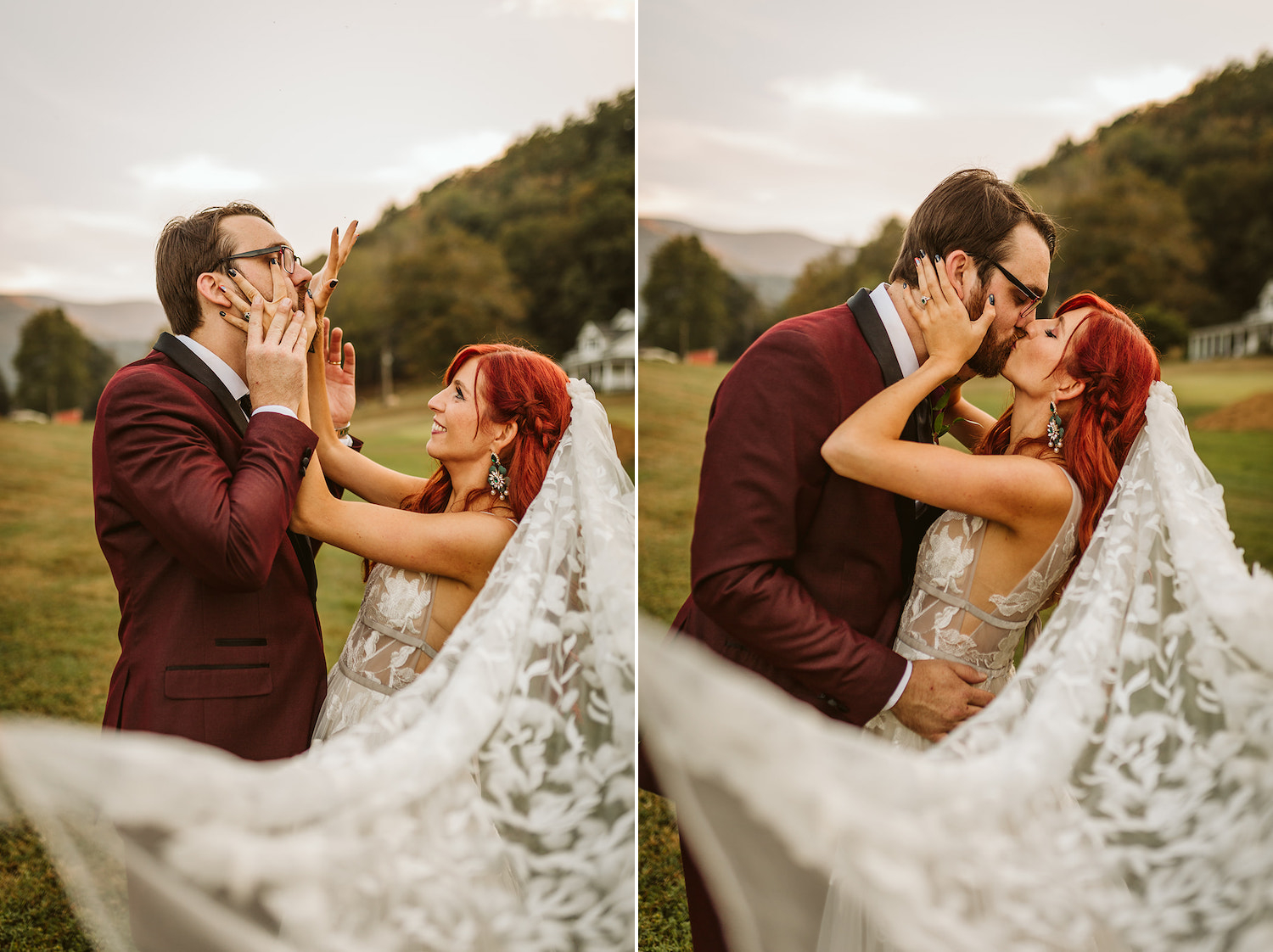 bride and groom playfully kiss in the sunset at their Roan Mountain wedding