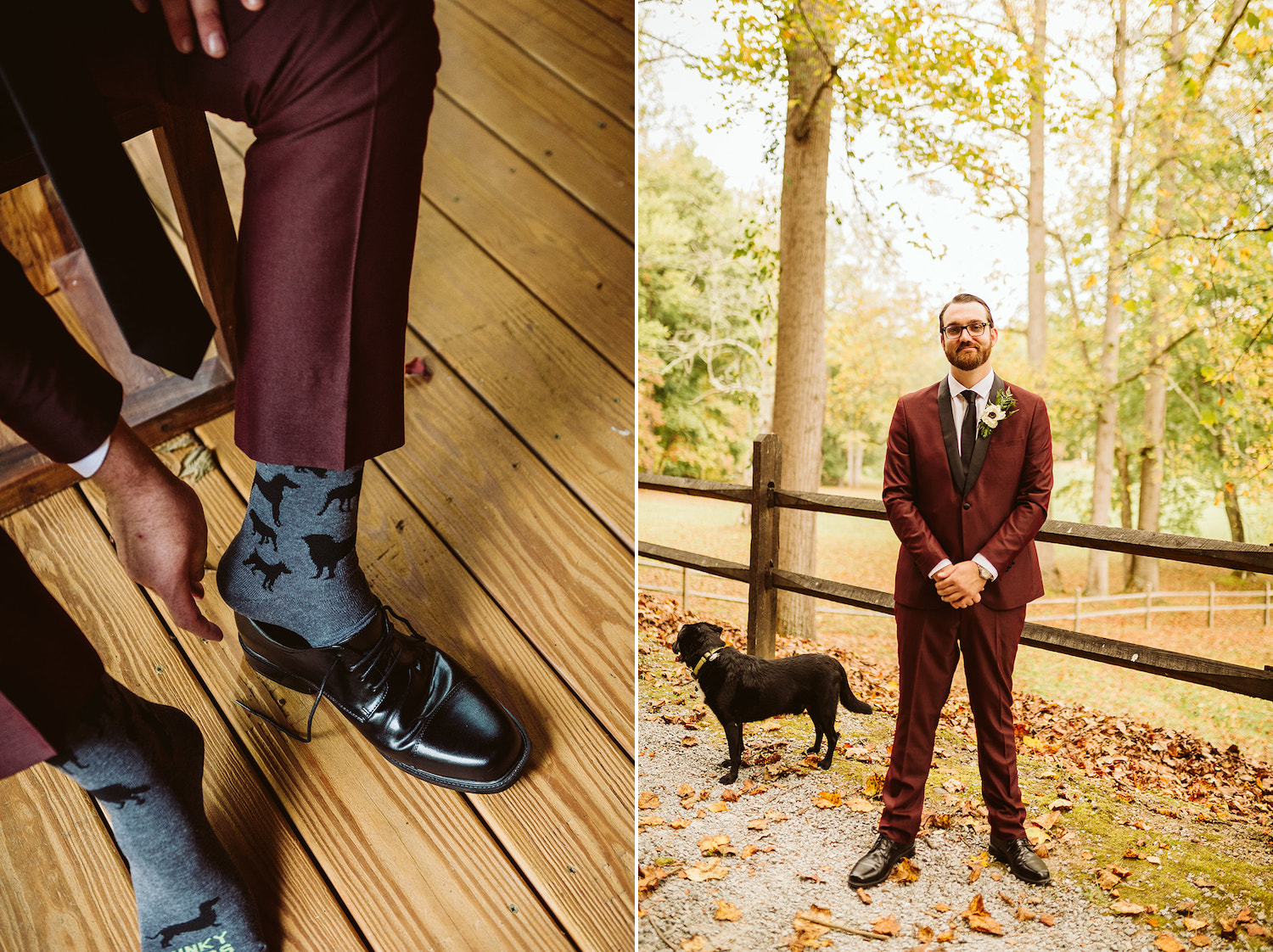 groom dresses in deep maroon suit with black lapels, black shoes, and black tie