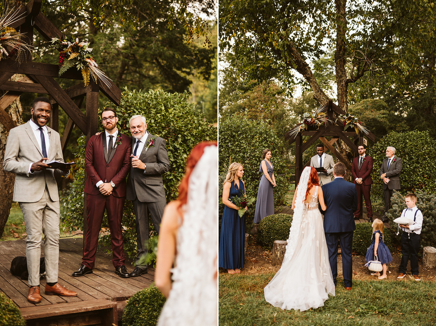 bride and her father stand at the front of the aisle as groom's father hugs him around his shoulder