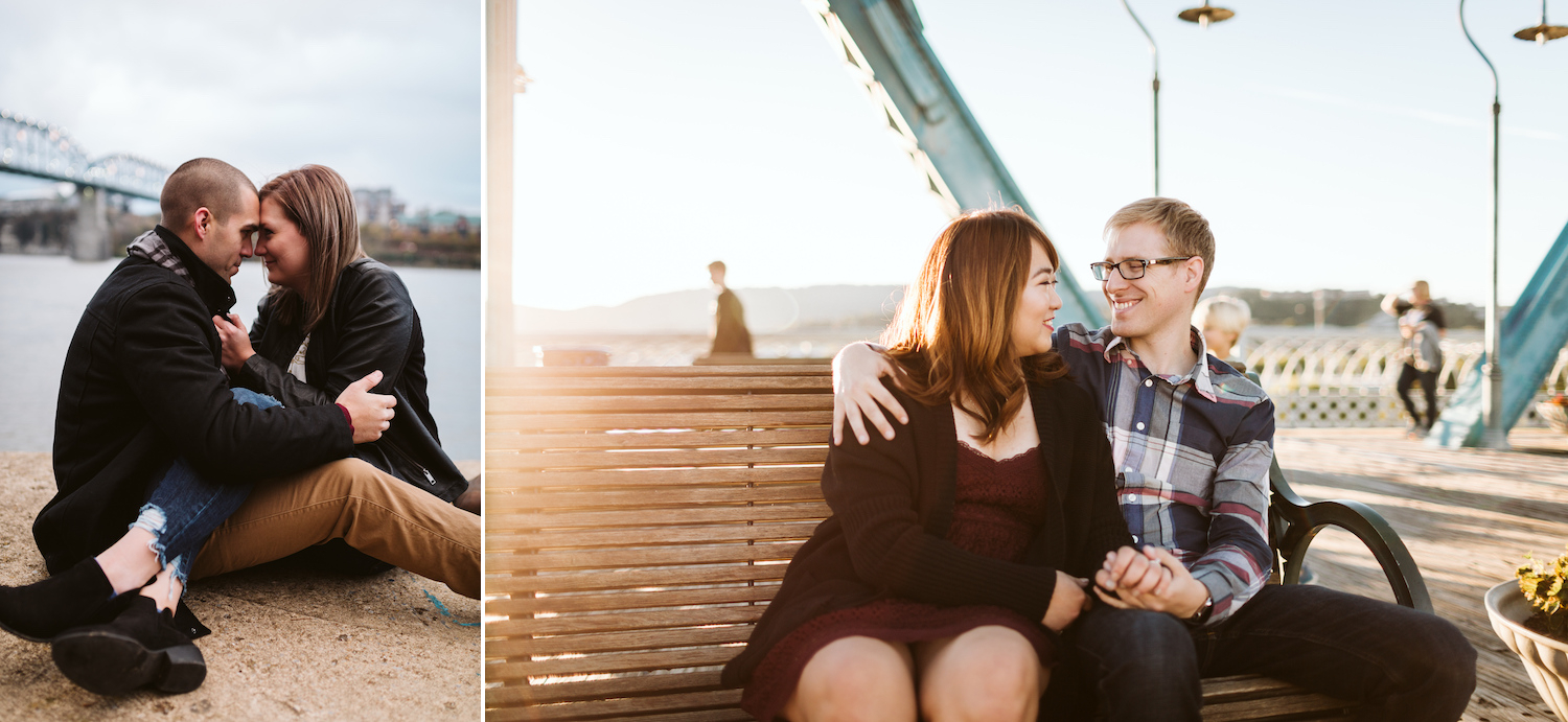 man sits on a bench with his arm around a woman's shoulder on Chattanooga's walking bridge near Coolidge Park