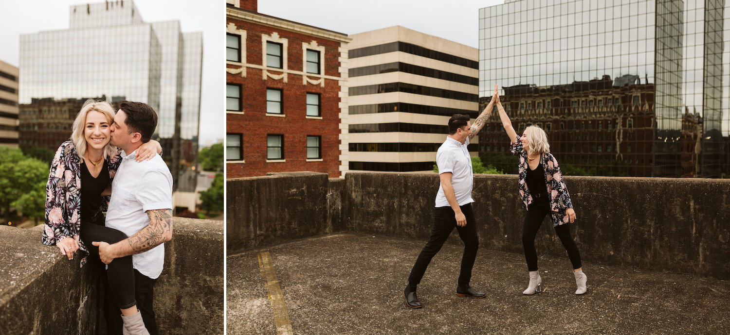man and woman high-five on a parking deck in downtown Chattanooga, Tennessee