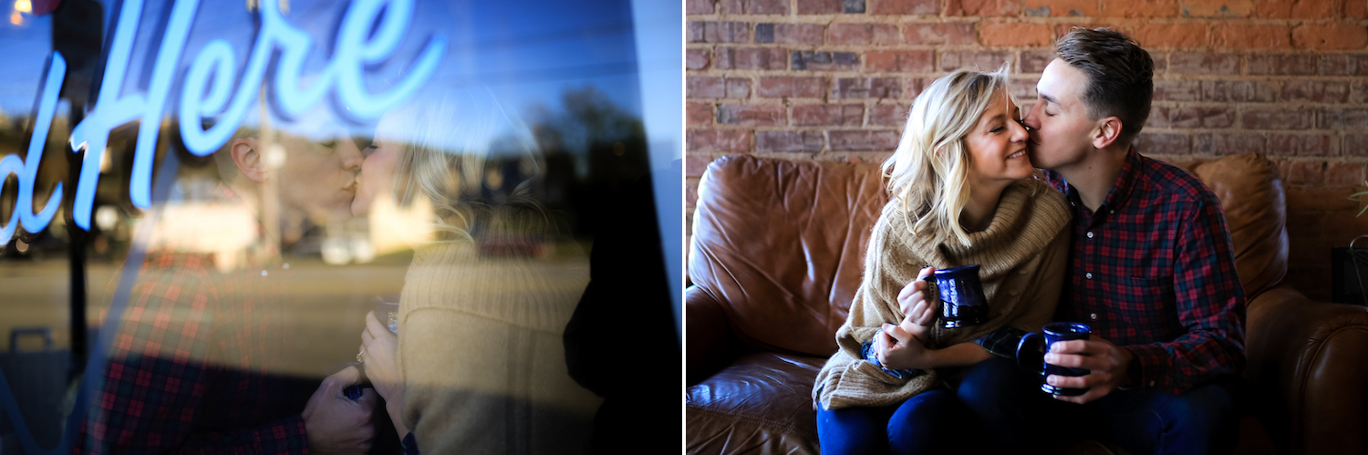 man and woman kiss and snuggle on leather loveseat in front of brick wall in downtown Chattanooga, Tennessee