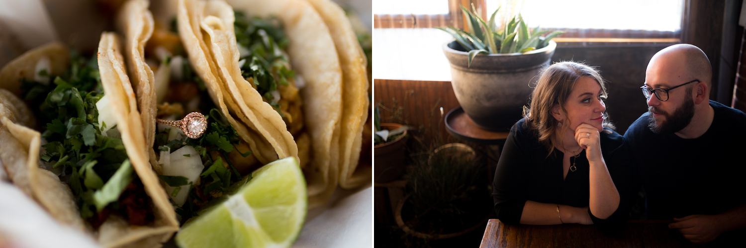 diamond engagement ring rests inside a street taco in downtown Chattanooga