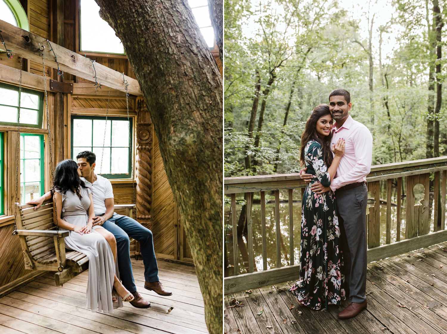 man in light pink button-down shirt hugs woman in green dress at Chattanooga's Reflection Riding Arboretum and Nature Center