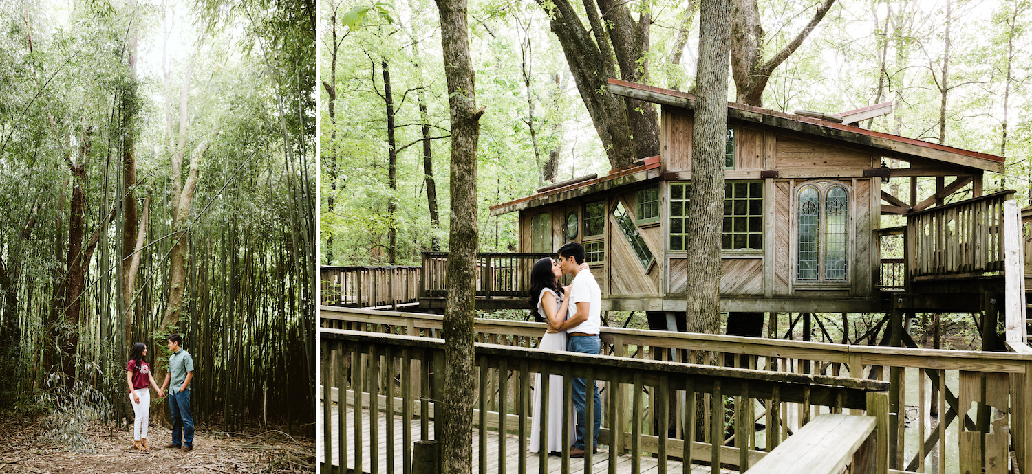 man and woman kiss on a boardwalk in front of a treehouse at Chattanooga's Reflection Riding Arboretum and Nature Center