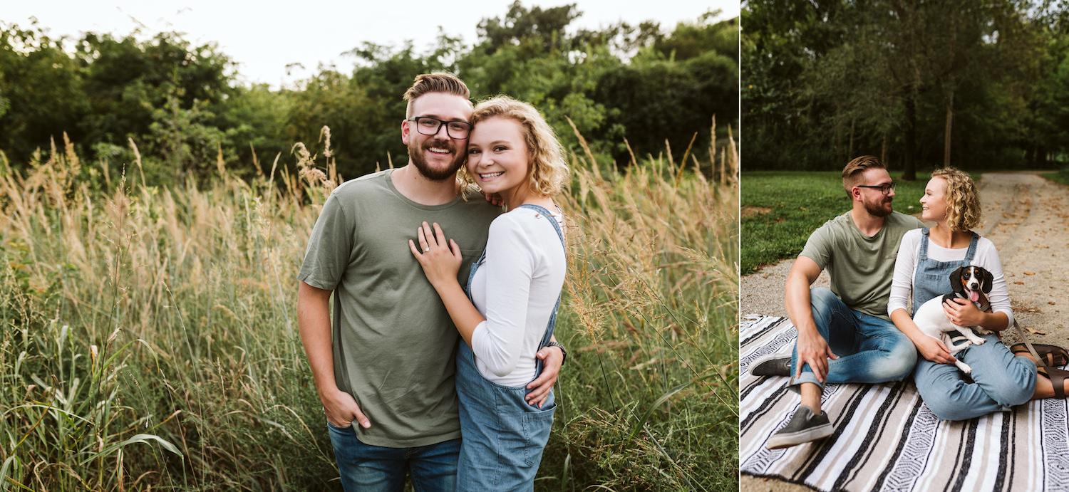 man and woman cuddle with small dog on picnic blanket in Chattanooga's Renaissance Park