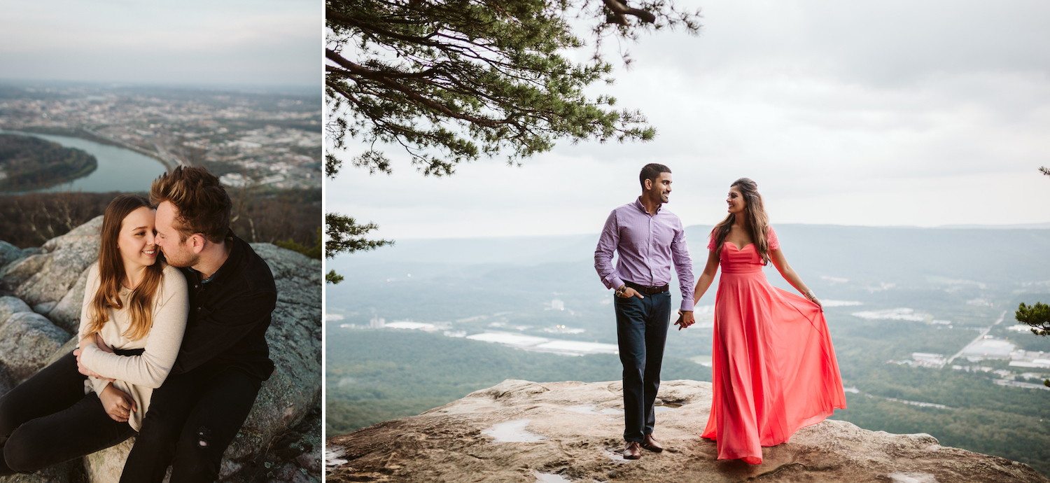 man and woman cuddle on Sunset Rock Point Park on Lookout Mountain near Chattanooga, Tennessee