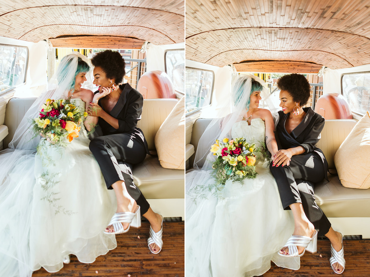 bride with blue hair caresses her partner's chin in backseat of vintage VW bus at LGBTQ wedding in Chattanooga styled shoot