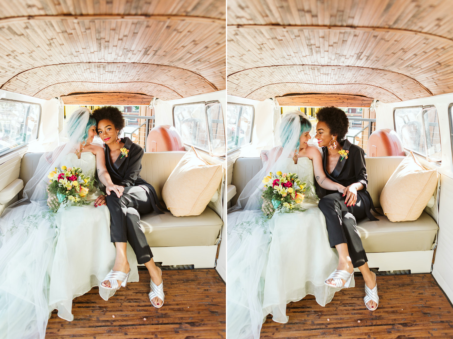 two brides at LGBTQ wedding in Chattanooga styled shoot wear a strapless white gown and black pantsuit in back of VW bus