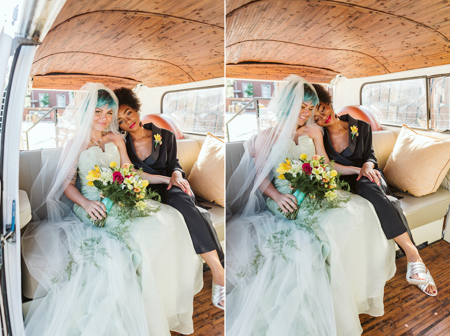lesbian brides at LGBTQ wedding in Chattanooga styled shoot cuddle in back of vintage yellow Volkswagon bus at Moxy Hotel