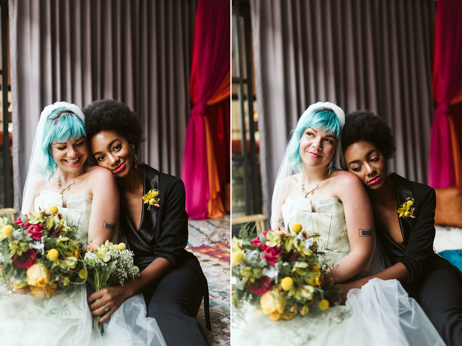 lesbian couple in strapless gown and black pantsuit cuddles on colorful pillows at Moxy Hotel at LGBTQ Wedding in Chattanooga