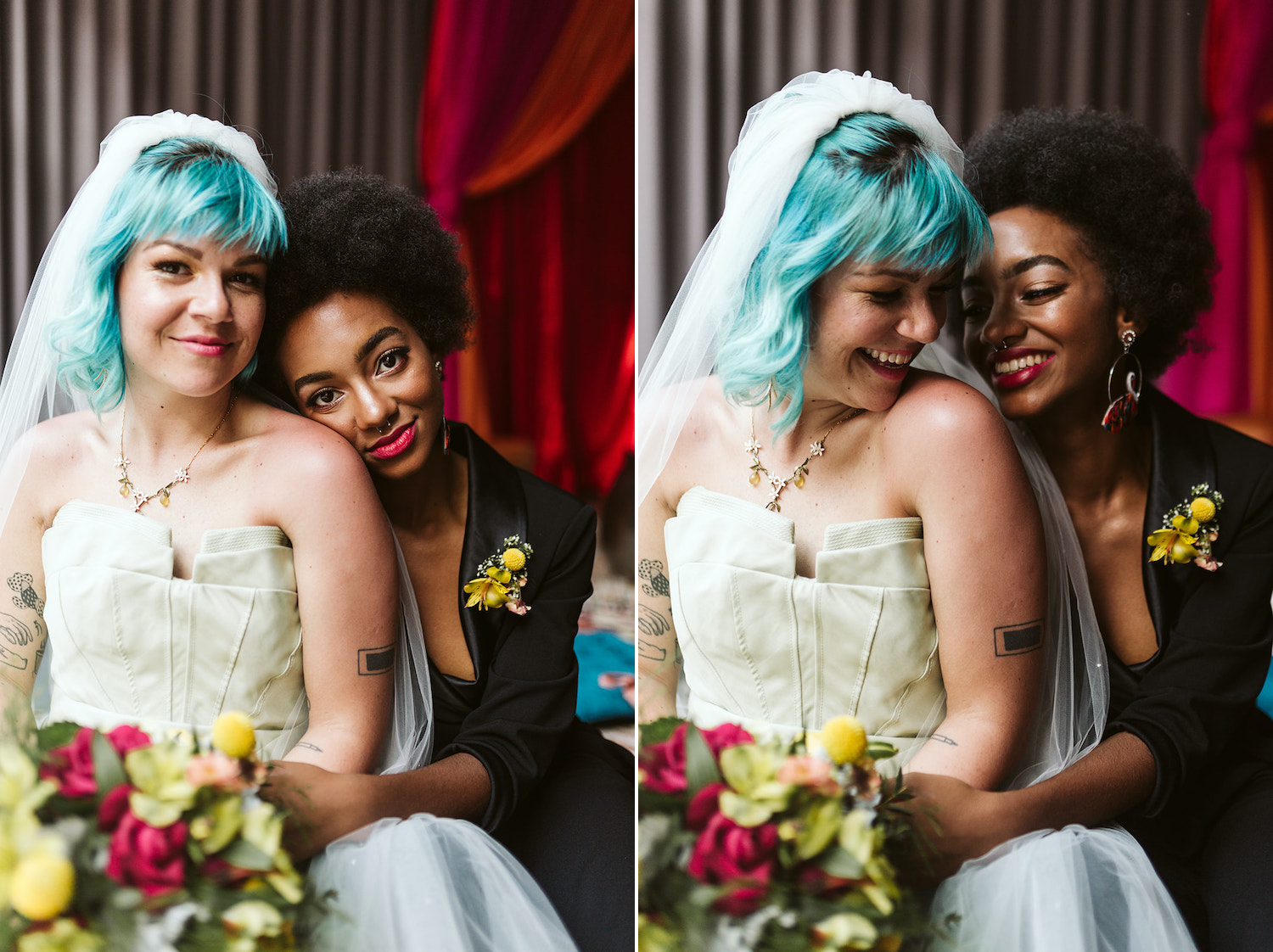 lesbian couple in strapless gown and black pantsuit cuddles on colorful pillows at Moxy Hotel at LGBTQ Wedding in Chattanooga
