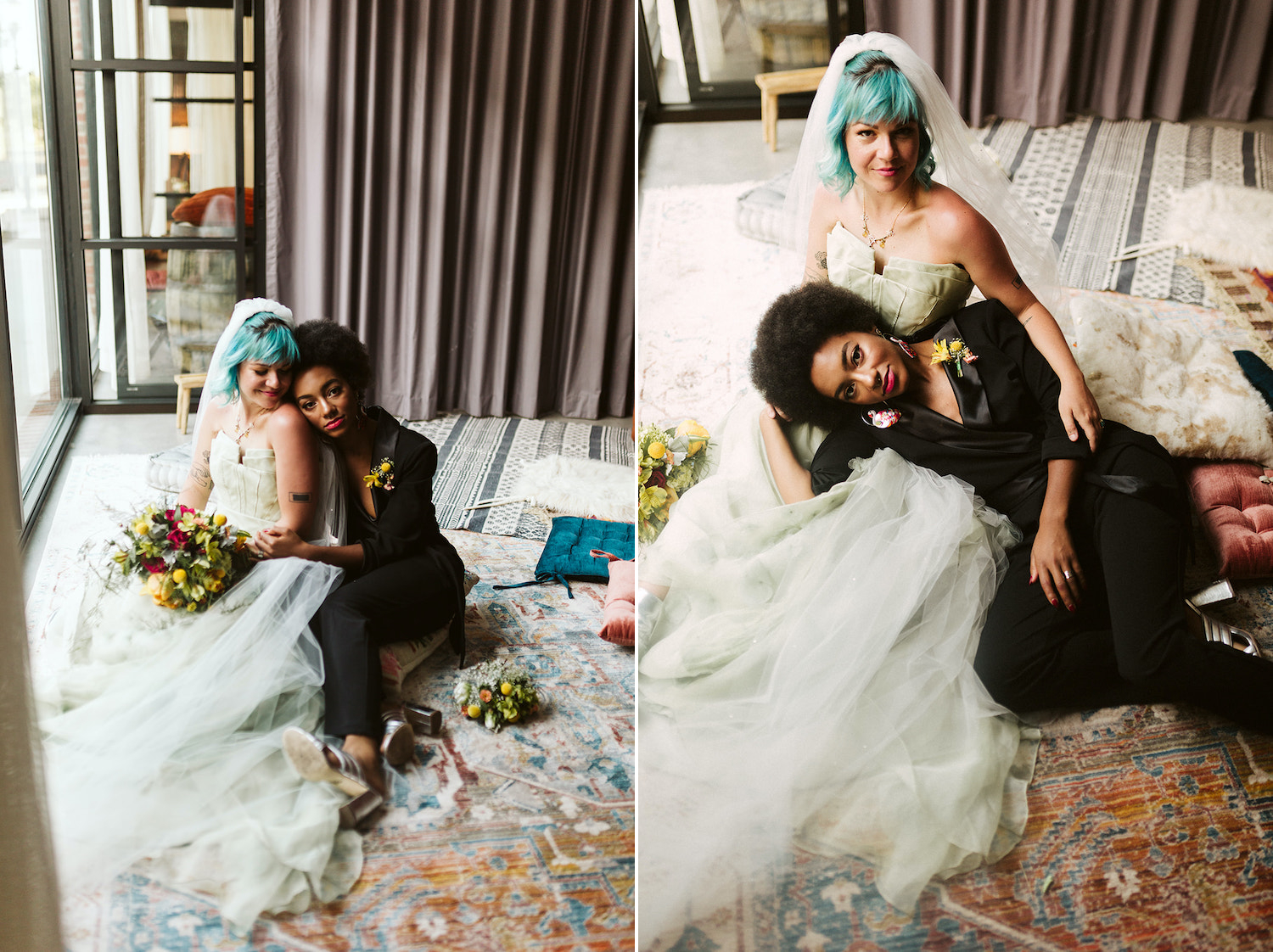 lesbian couple in strapless gown and black pantsuit cuddles on colorful pillows at Moxy Hotel at LGBTQ Wedding in Chattanooga