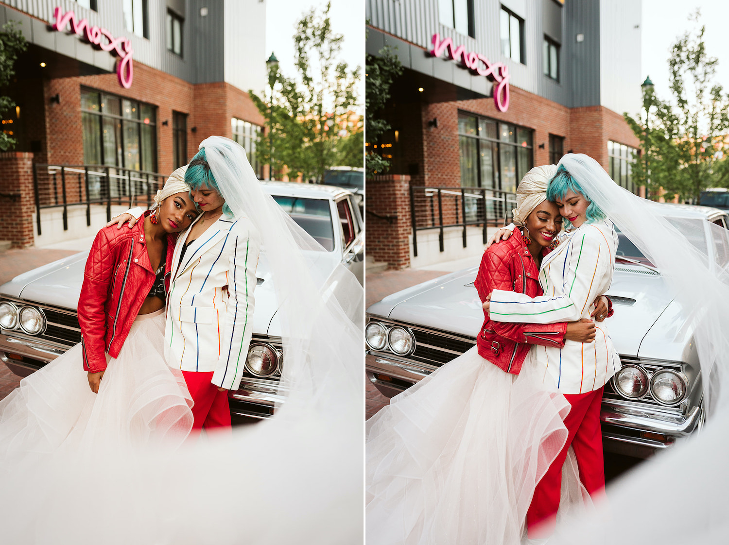 two brides at lesbian wedding styled shoot wearing white dress with red leather jacket and red pants with white jacket