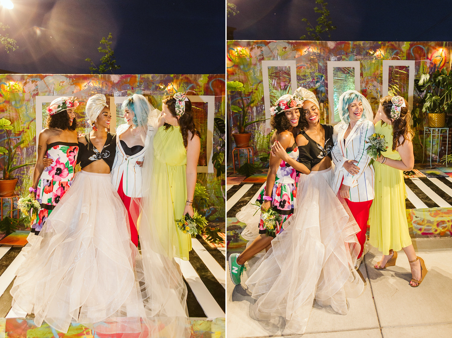 two brides and two bridesmaids wear bright, colorful wedding attire on an artistically painted platform and backdrop