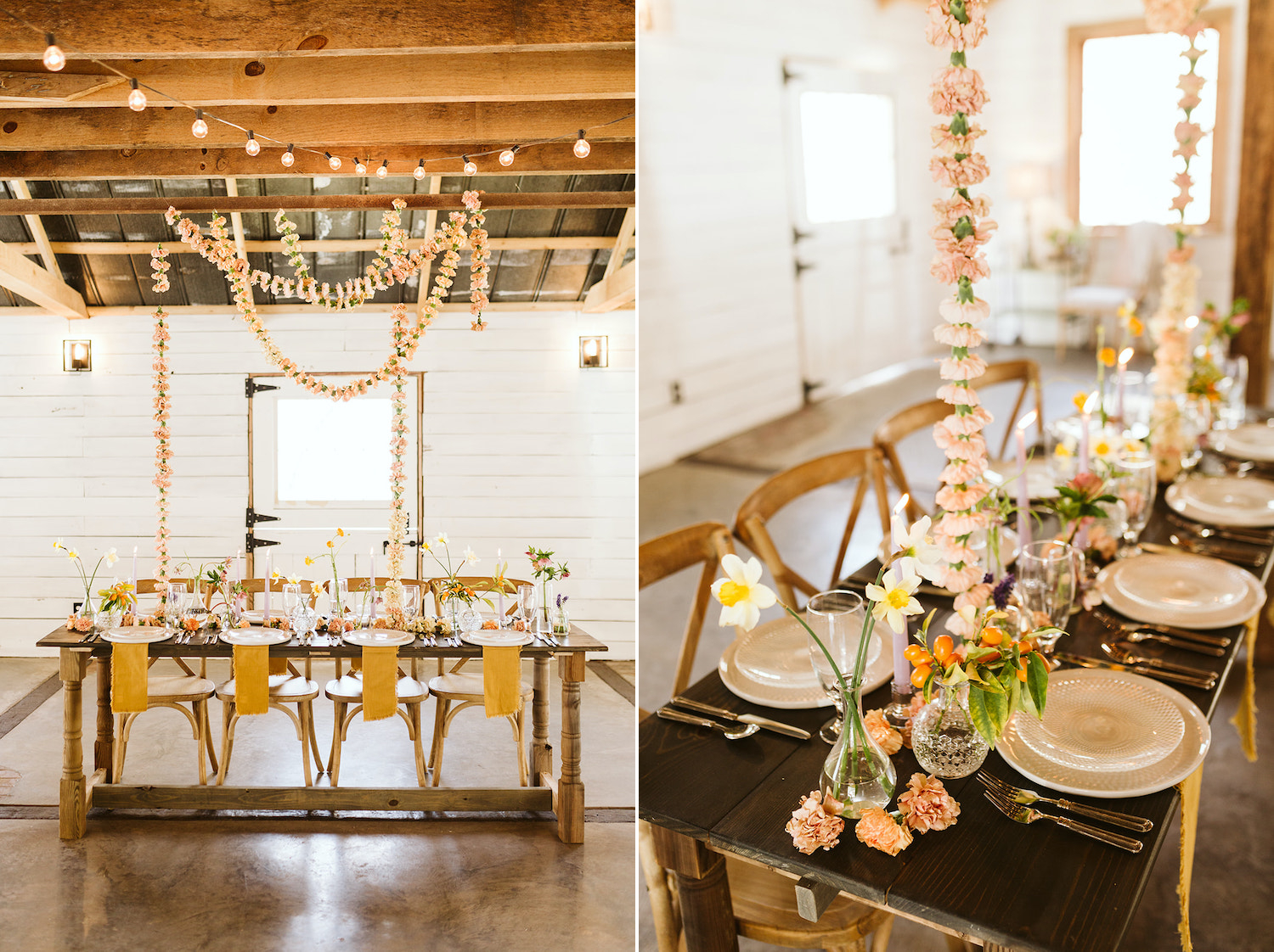 farm table with goldenrod napkins and simple table settings sits under pink carnation garland at Oakleaf Cottage