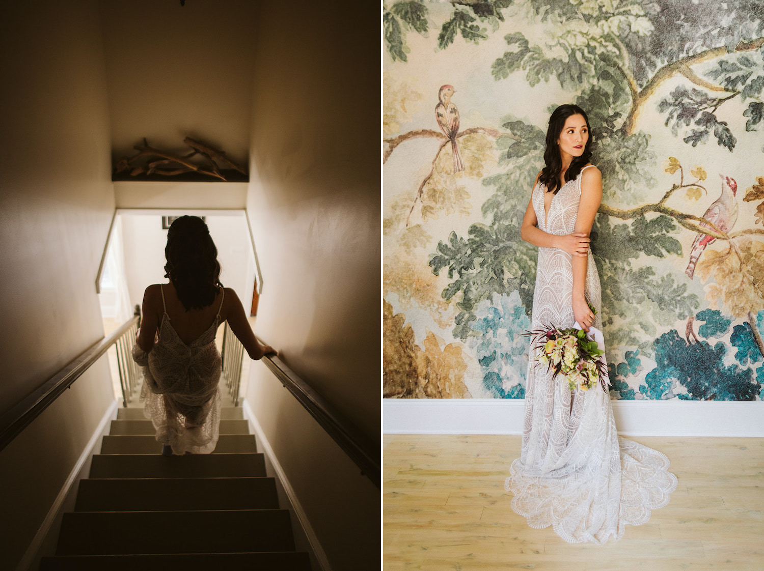 bride wearing embroidered, scalloped-hem gown stands in front of watercolor wallpapered wall at Oakleaf Cottage wedding