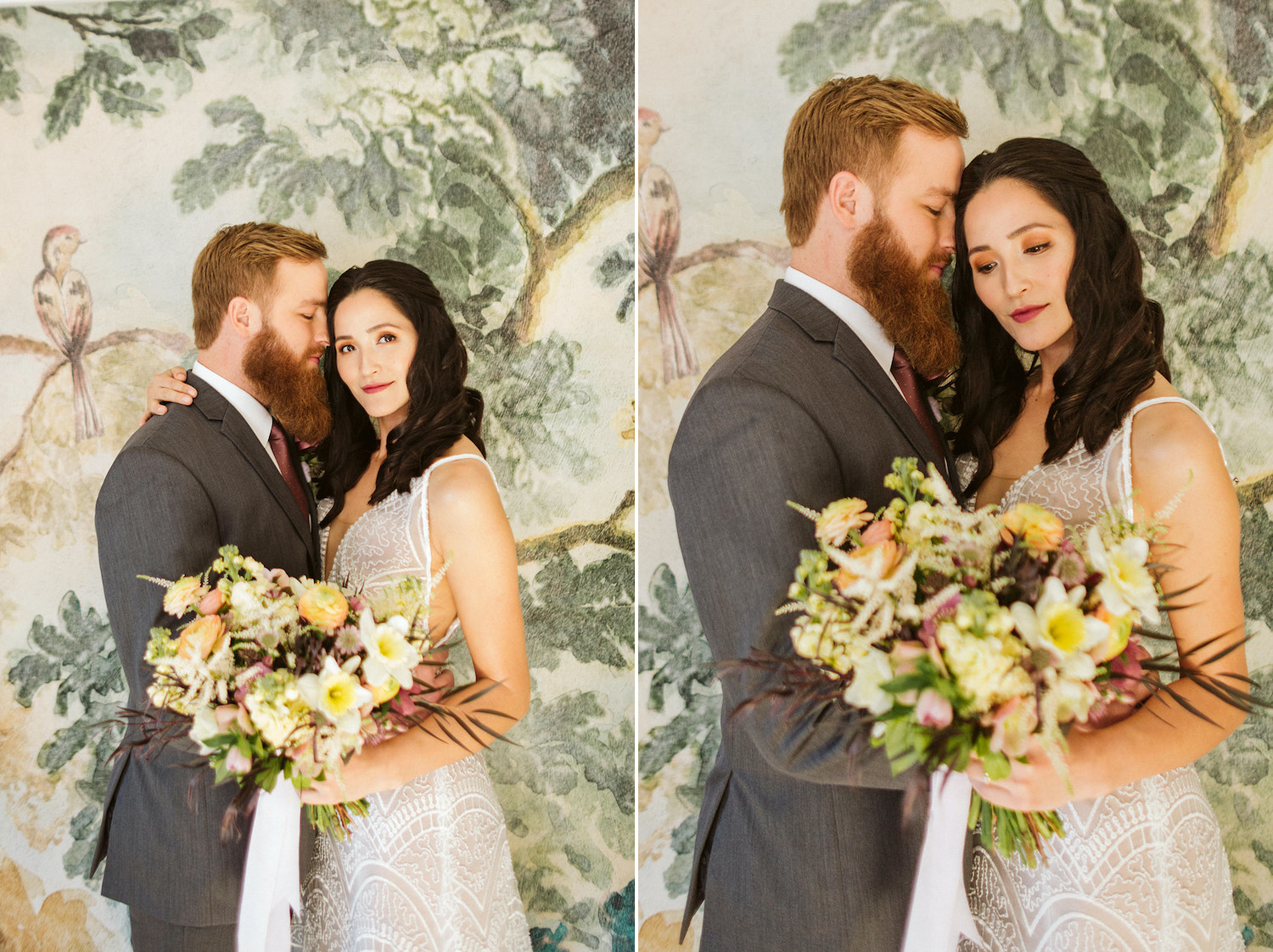 bride stands face-to-face with groom in front of watercolor wallpapered wall at Oakleaf Cottage wedding