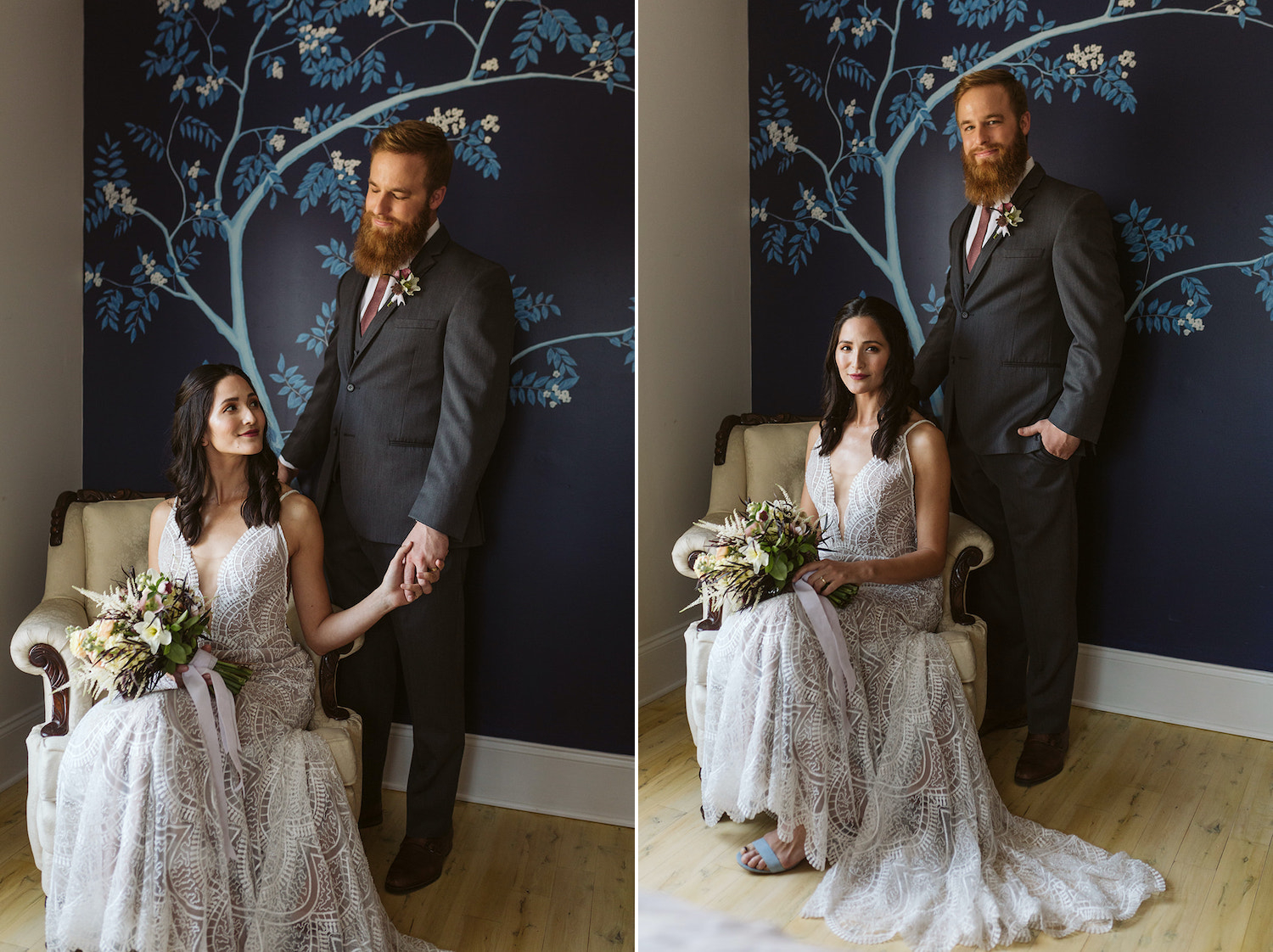 bride sits in white armchair holding bouquet while groom stands behind her against dark blue wall at Oakleaf Cottage wedding