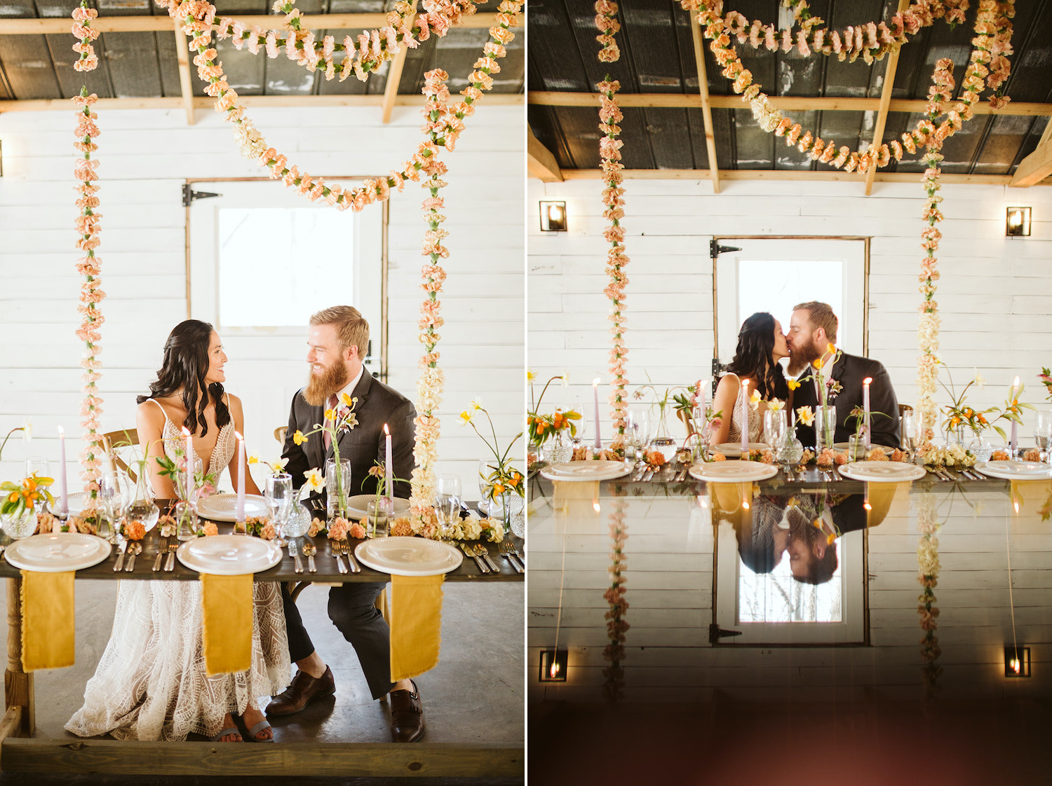 bride and groom sit at a farm table with simple table settings under pink carnation garland at Oakleaf Cottage wedding