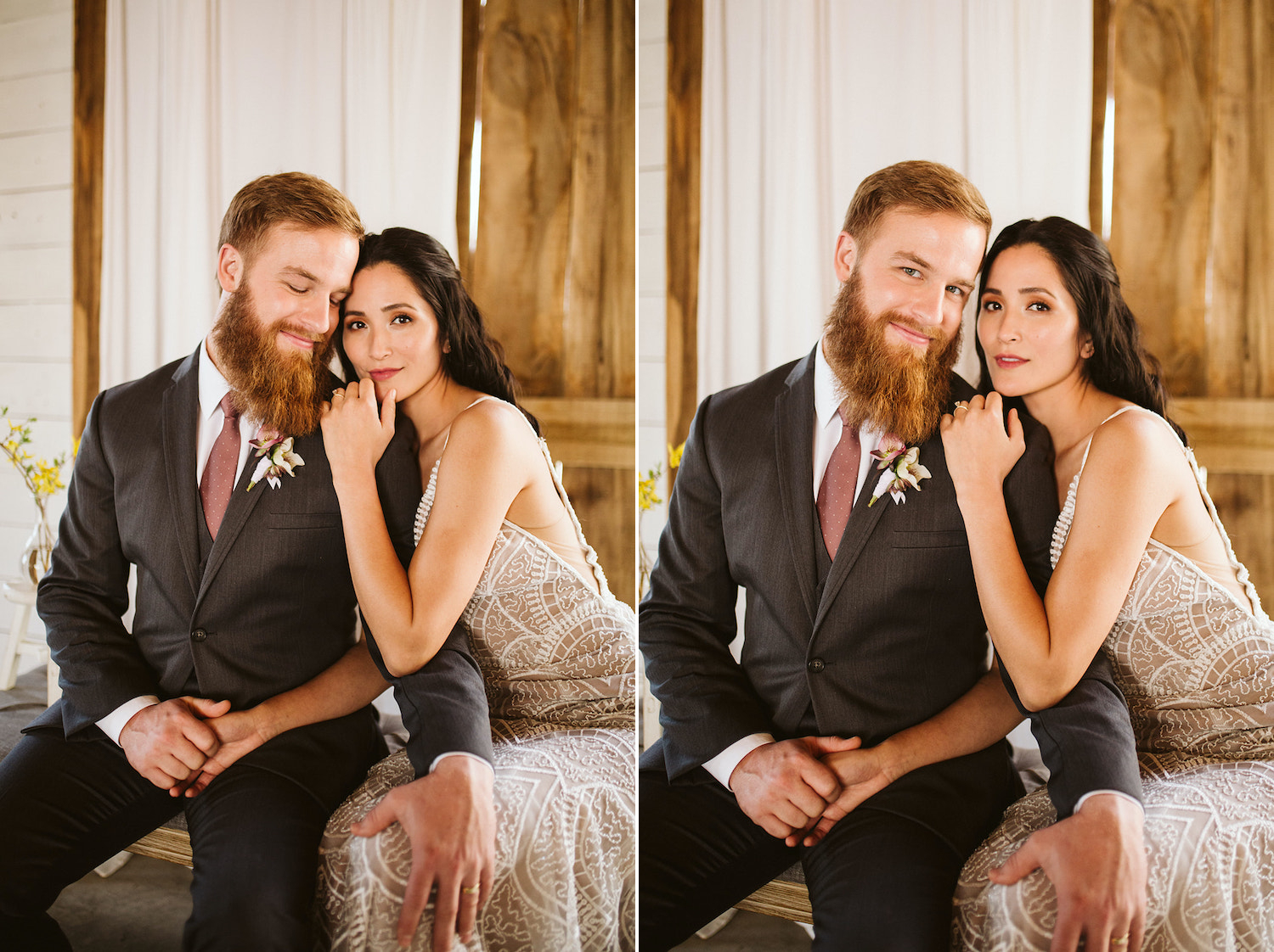 bride and groom sit on a padded bench holding hands and her head on his shoulder at Oakleaf Cottage wedding