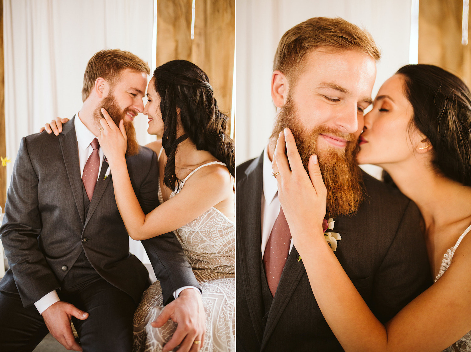 bride rests her hand gently on groom's cheek at Oakleaf Cottage wedding