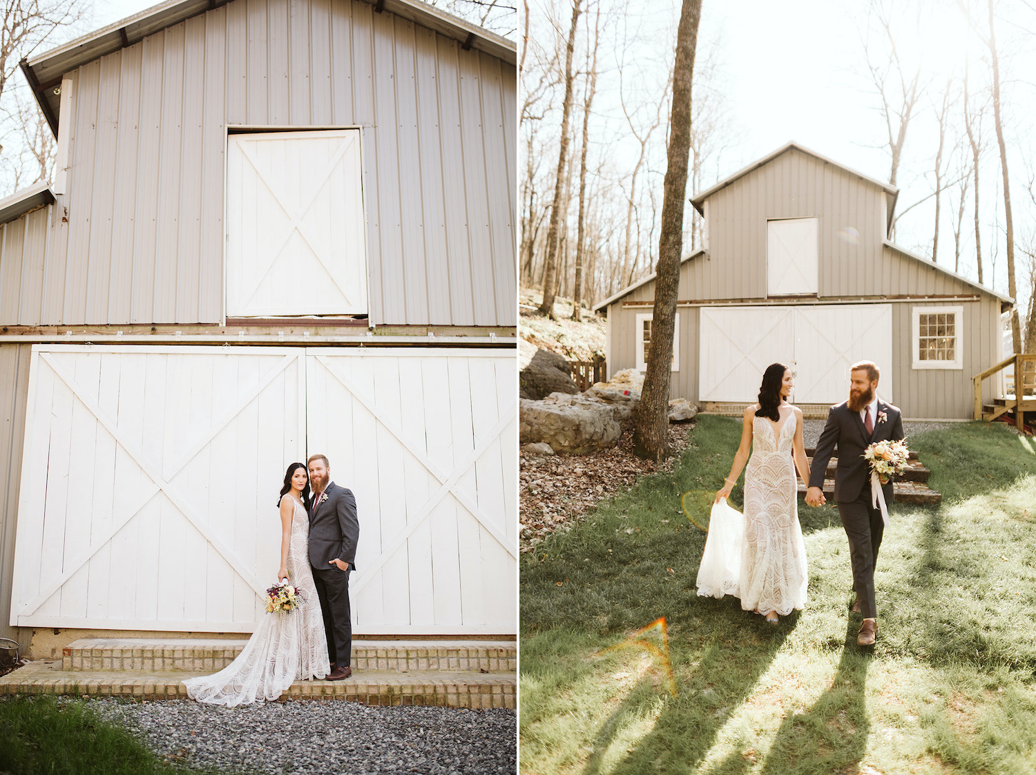 bride and groom stand together on steps in front of Oakleaf Cottage wedding