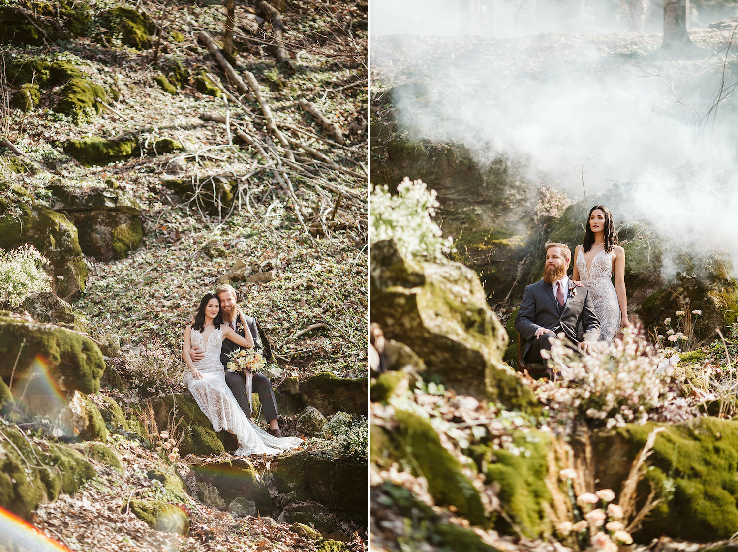 bride stands behind groom who sits on large boulder in the misty woods near their Oakleaf Cottage wedding