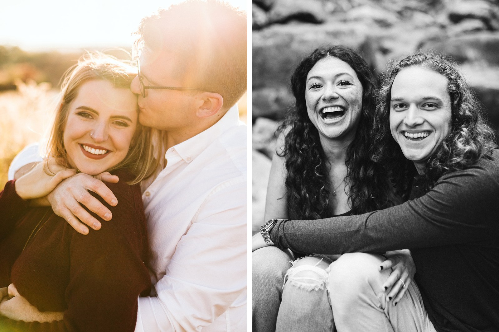 Two couples laugh and embrace as they pose for engagement photos.