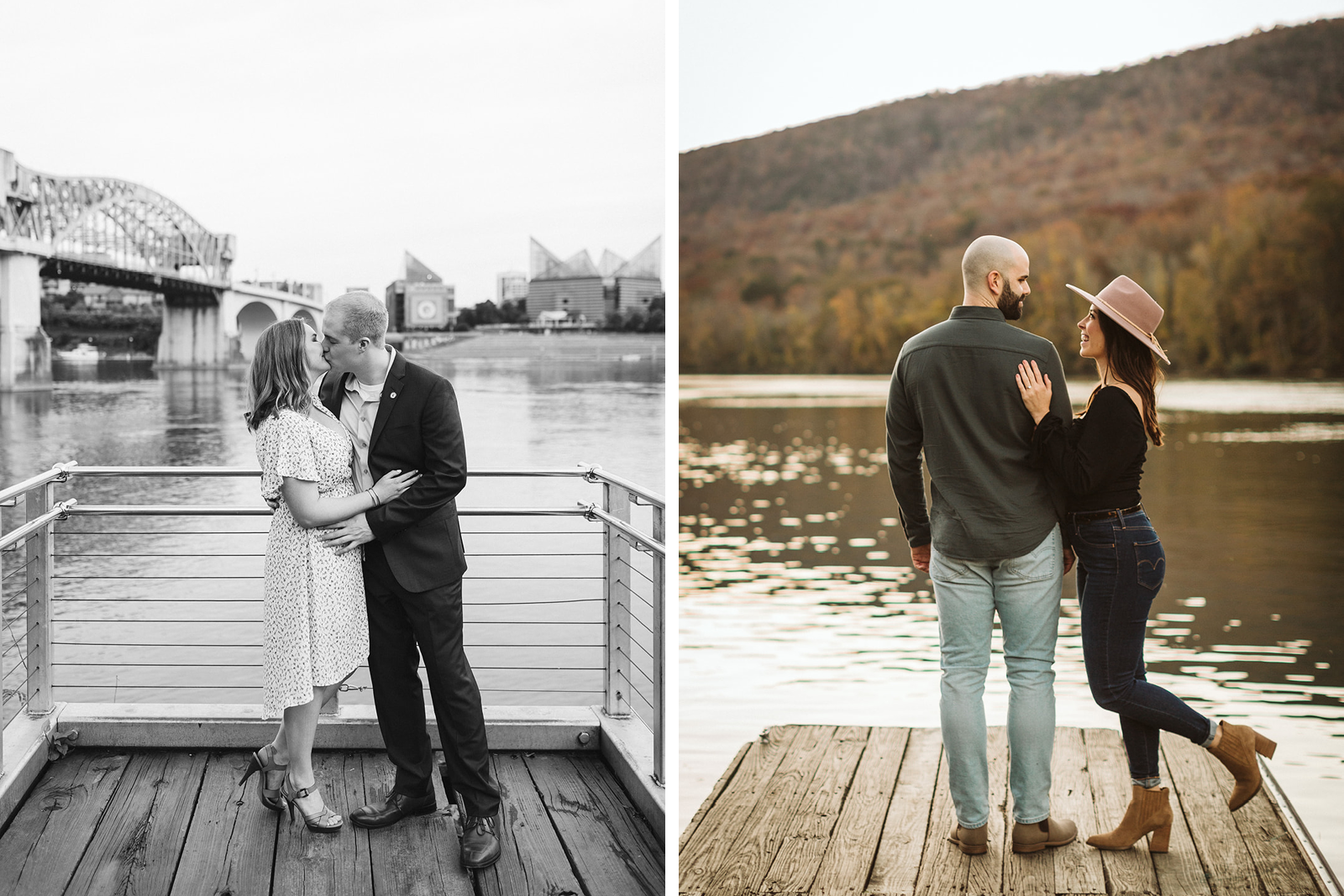 Two photos of couples embracing at the edge of wooden docks.