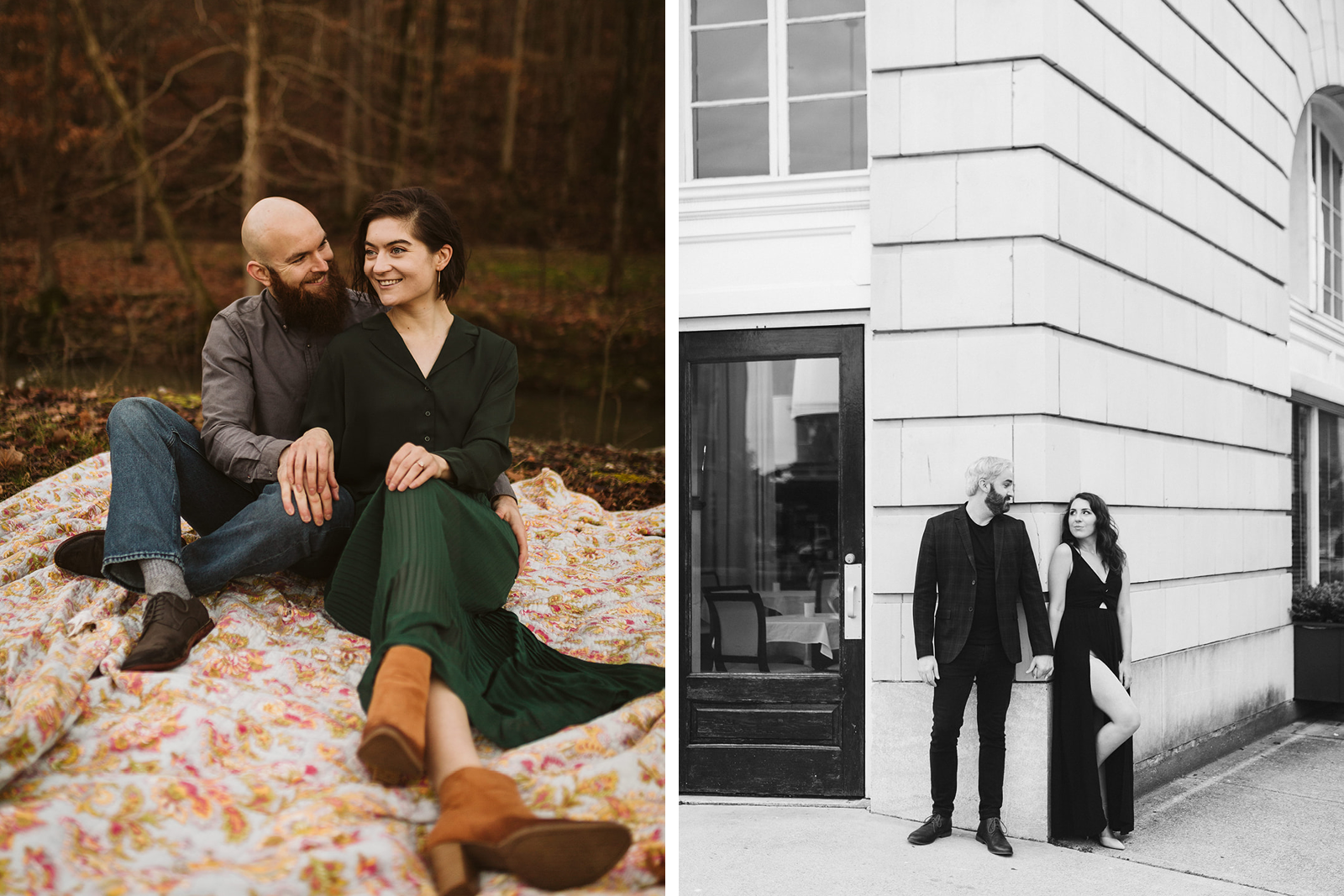 A couple lounges on a floral blanket in the grass while they sit in an engagement photo pose.