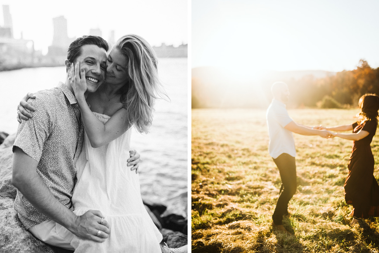A man and woman pose for engagement photos by dancing together in a field at sunset.