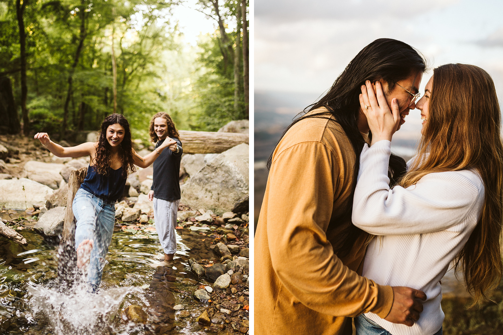 An engaged couple poses for photos in a river. The woman kicks water at towards the camera. Both of them laugh.