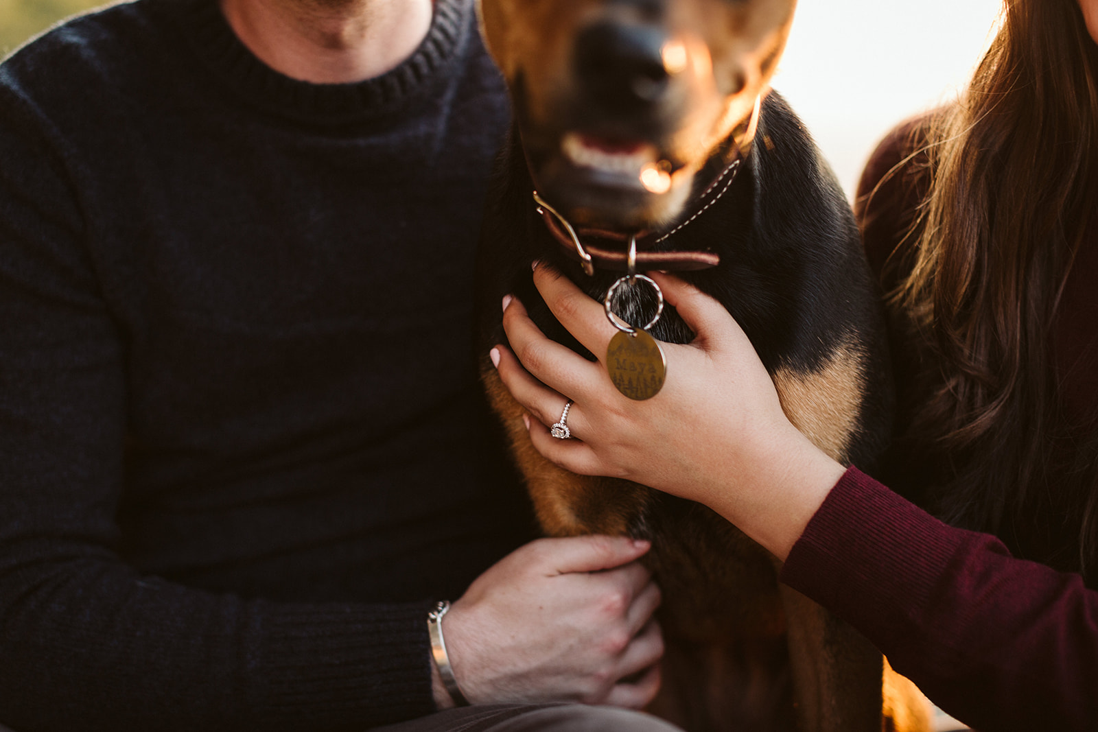A close-up shot of a man and woman hugging their black and tan dog. You can see the woman's engagement ring.