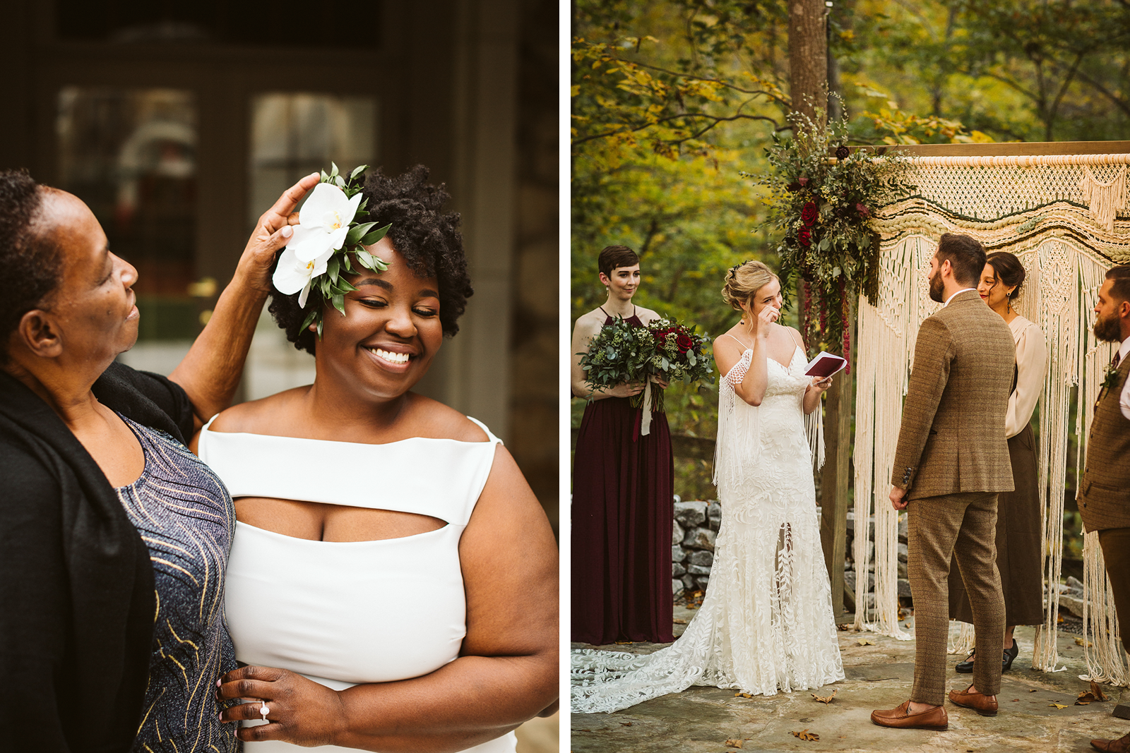 A bride's mother admires her white floral hairpiece. A bride wipes away tears while reading her vows to her groom at the altar.