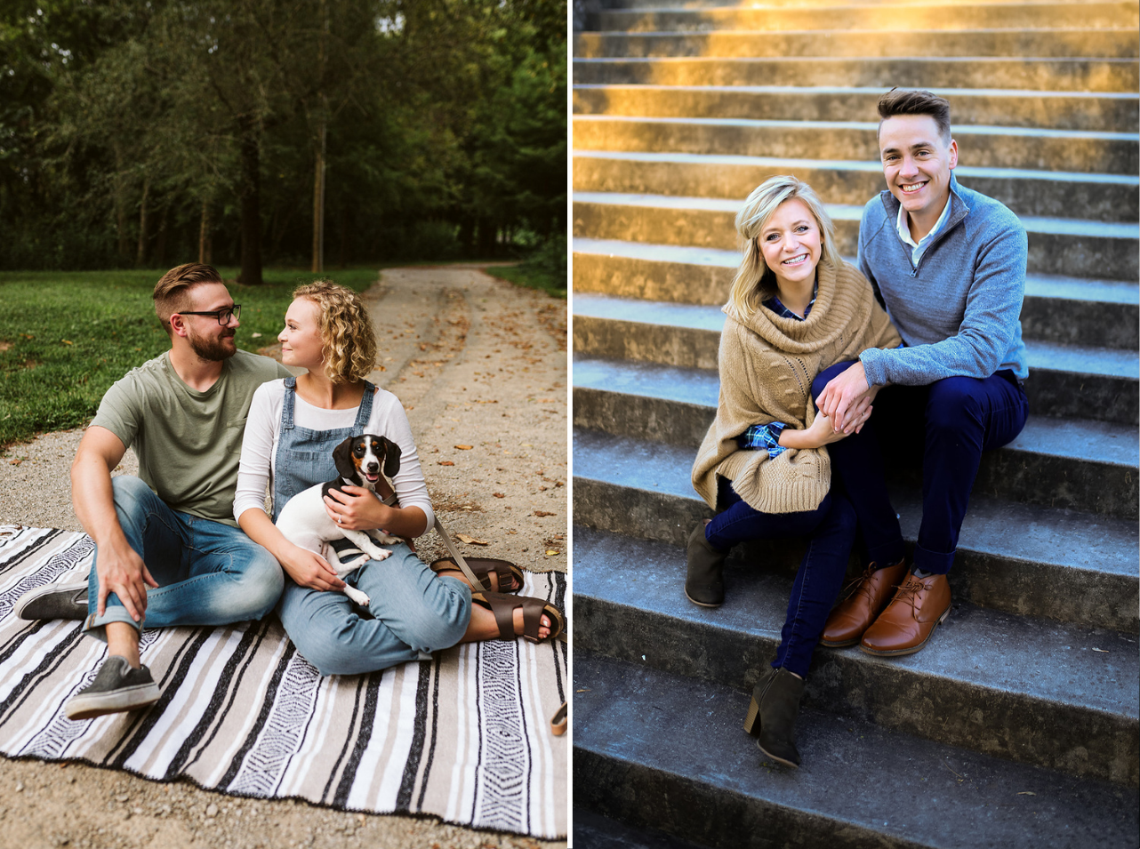 Couples pose together for their engagement photos in Renaissance Park.