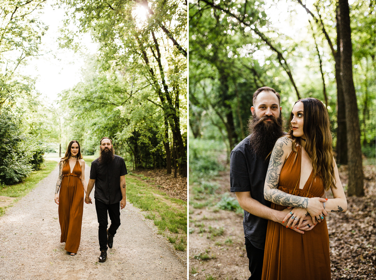 A couple poses for edgy engagement photos in Renaissance Park.