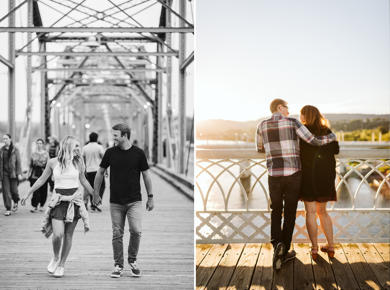 Couples embrace on the walking bridge near Coolidge Park.