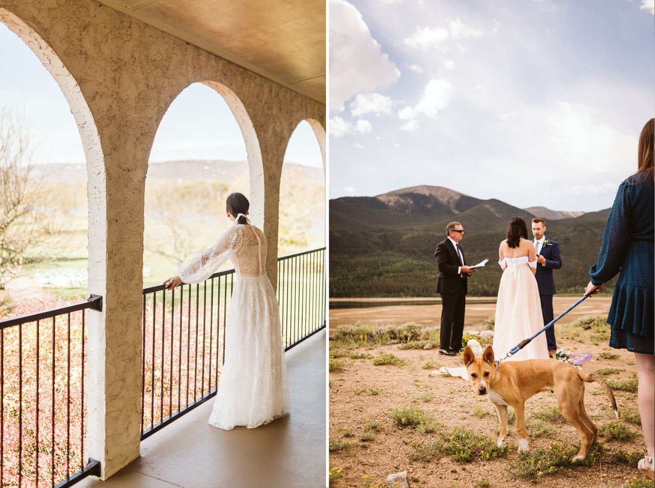 A bride stands at a railing overlooking the vista outside of her wedding venue.